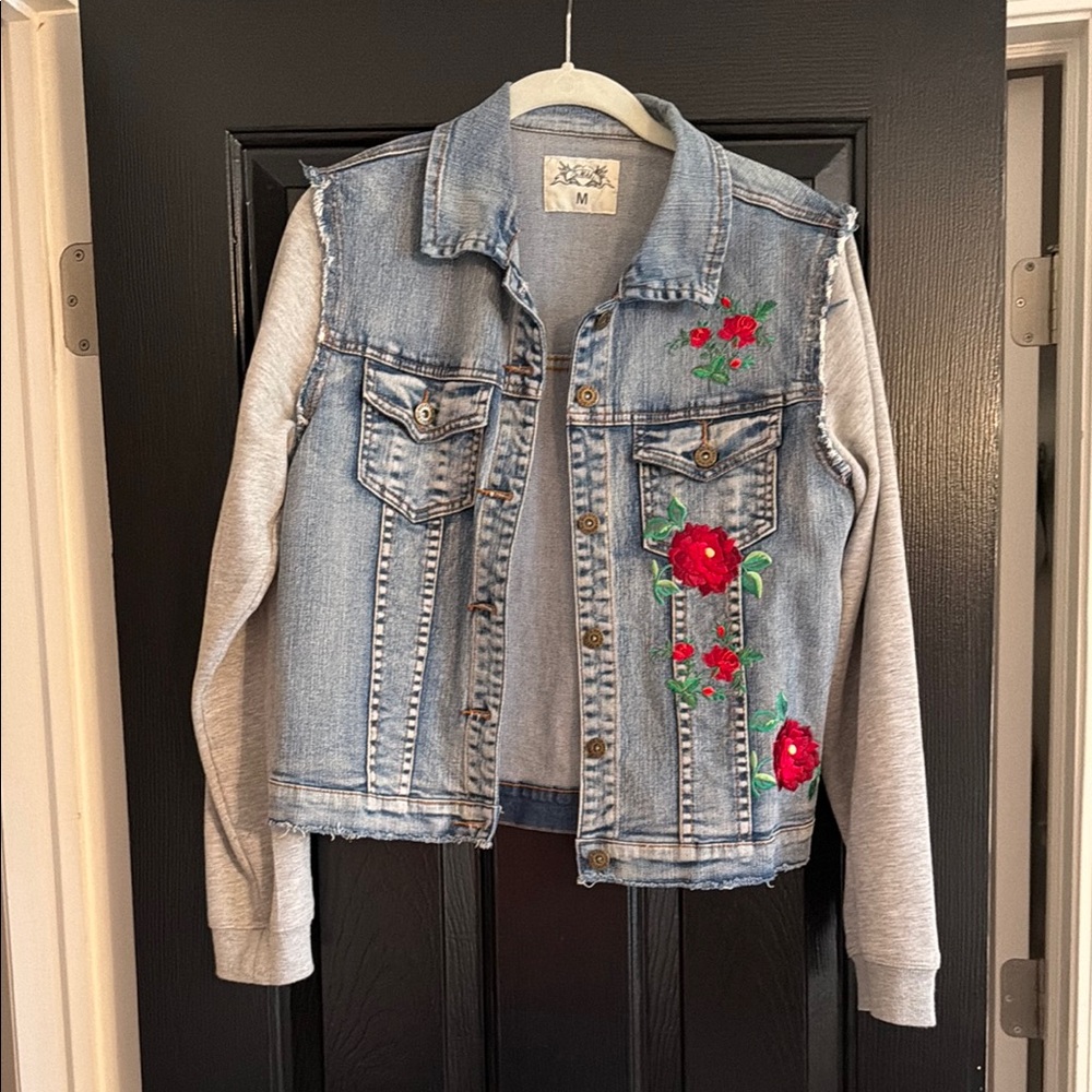 Light Wash Denim Jacket with Red Embroidered Roses